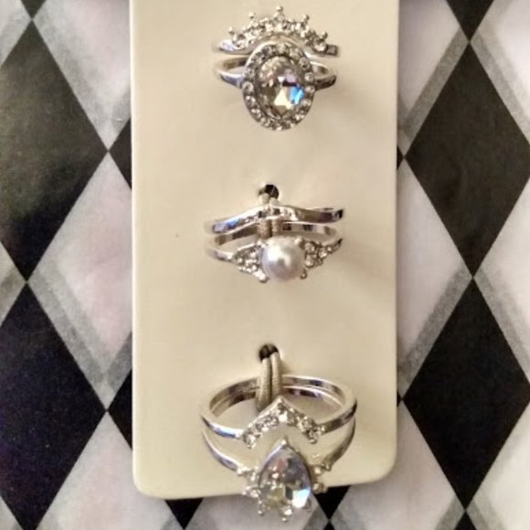 LOVISA 6pc SET/LOT ELEGANT SILVER CRYSTAL/PEARL STACKABLE RING SET SIZE M/L**NEW - Picture 2 of 3